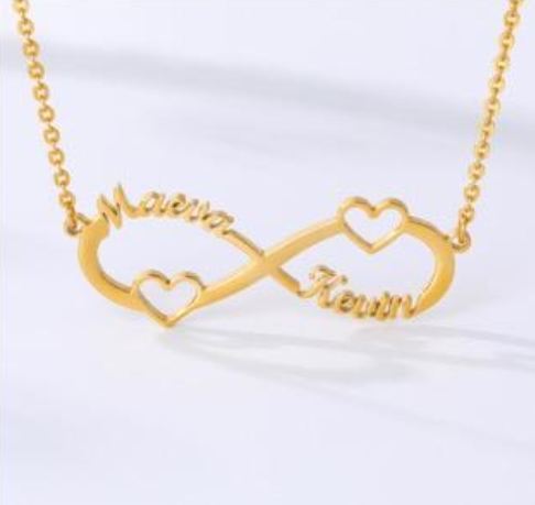 18k gold personalized infinity necklace with names, dates, hearts