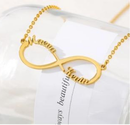 18k gold personalized infinity necklace with names, dates, hearts