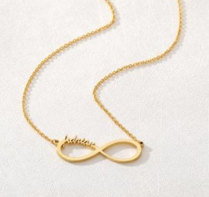 18k gold personalized infinity necklace with names, dates, hearts