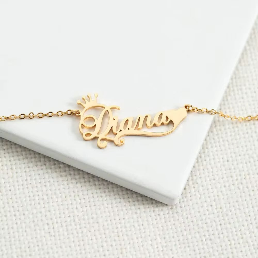 Simple One custom name necklace with heart & crown