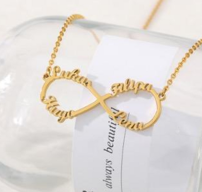 18k gold personalized infinity necklace with names, dates, hearts