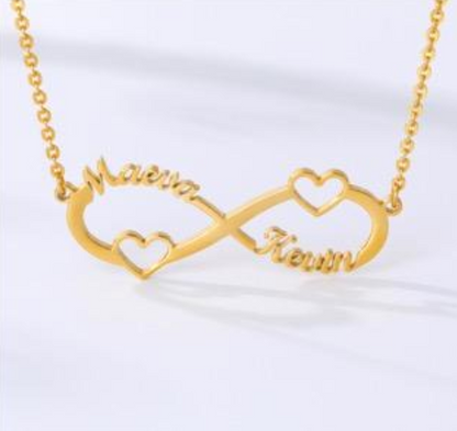 18k gold personalized infinity necklace with names, dates, hearts