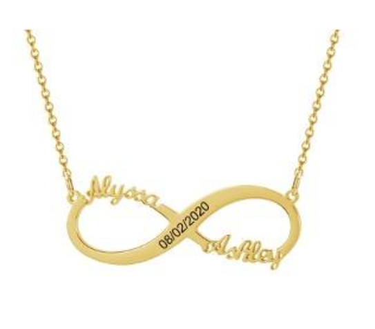18k gold personalized infinity necklace with names, dates, hearts
