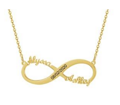 18k gold personalized infinity necklace with names, dates, hearts