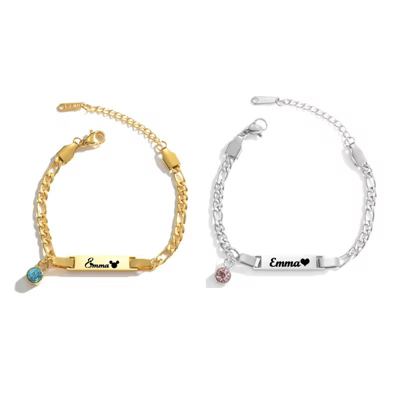 Custom Name Curb Chain Bracelet With Birthstone For Kids 18k gold filled