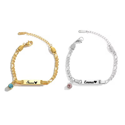 Custom Name Curb Chain Bracelet With Birthstone For Kids 18k gold filled