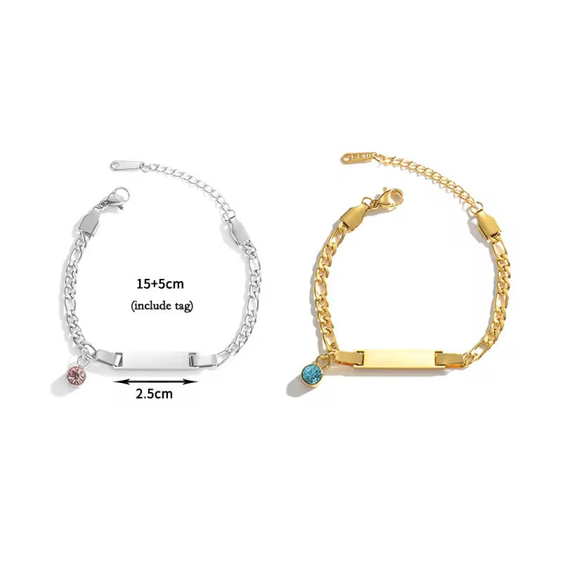 Custom Name Curb Chain Bracelet With Birthstone For Kids 18k gold filled