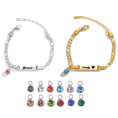 Custom Name Curb Chain Bracelet With Birthstone For Kids 18k gold filled